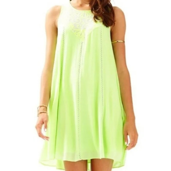 Lilly Pulitzer Cammie Dress XXS Lemon Drop Neon Yellow Green Embroidered Swing - Picture 2 of 14